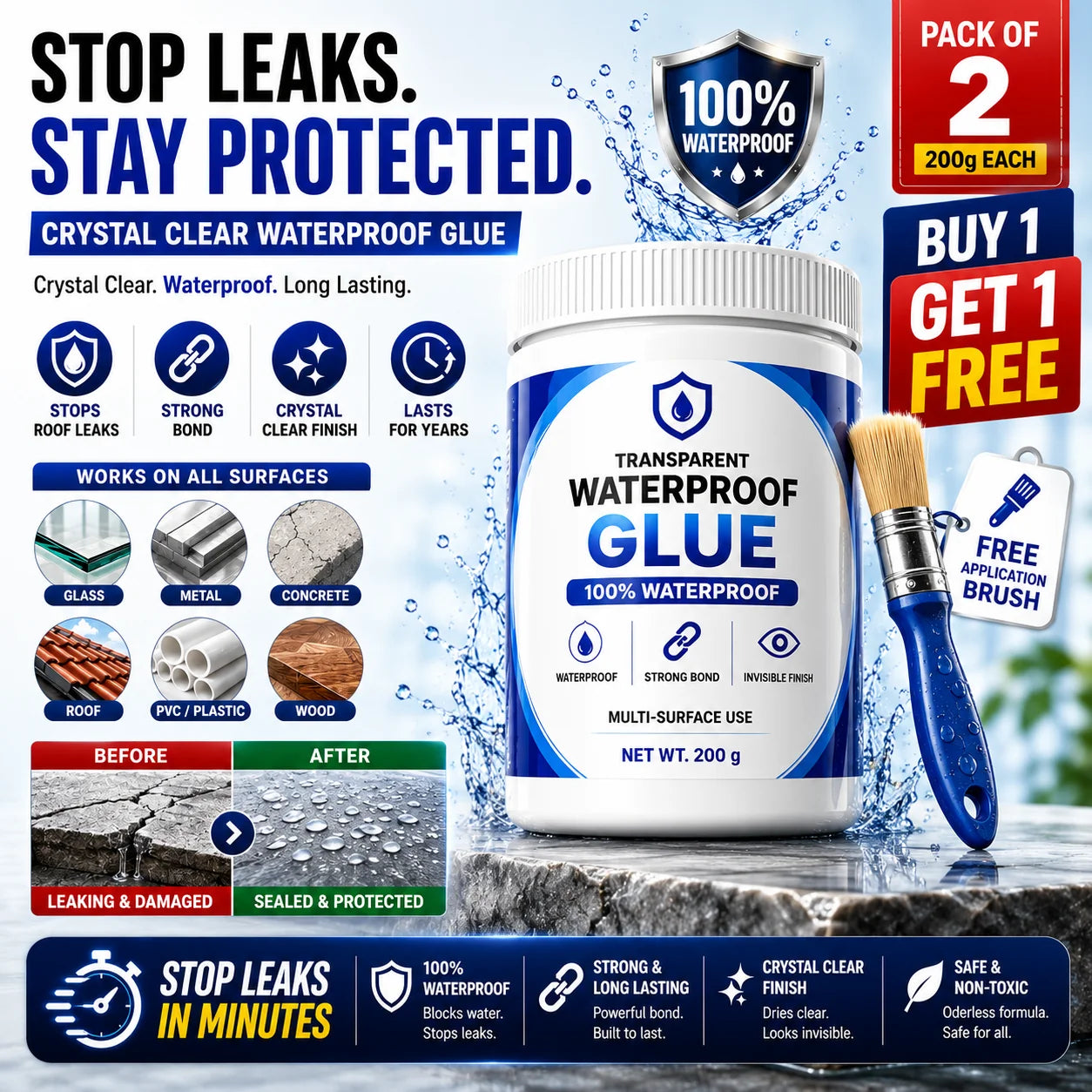 TRANSPARENT WATERPROOF GLUE (BUY 1 GET 1 FREE)(PACK OF 2) - 200GM EACH