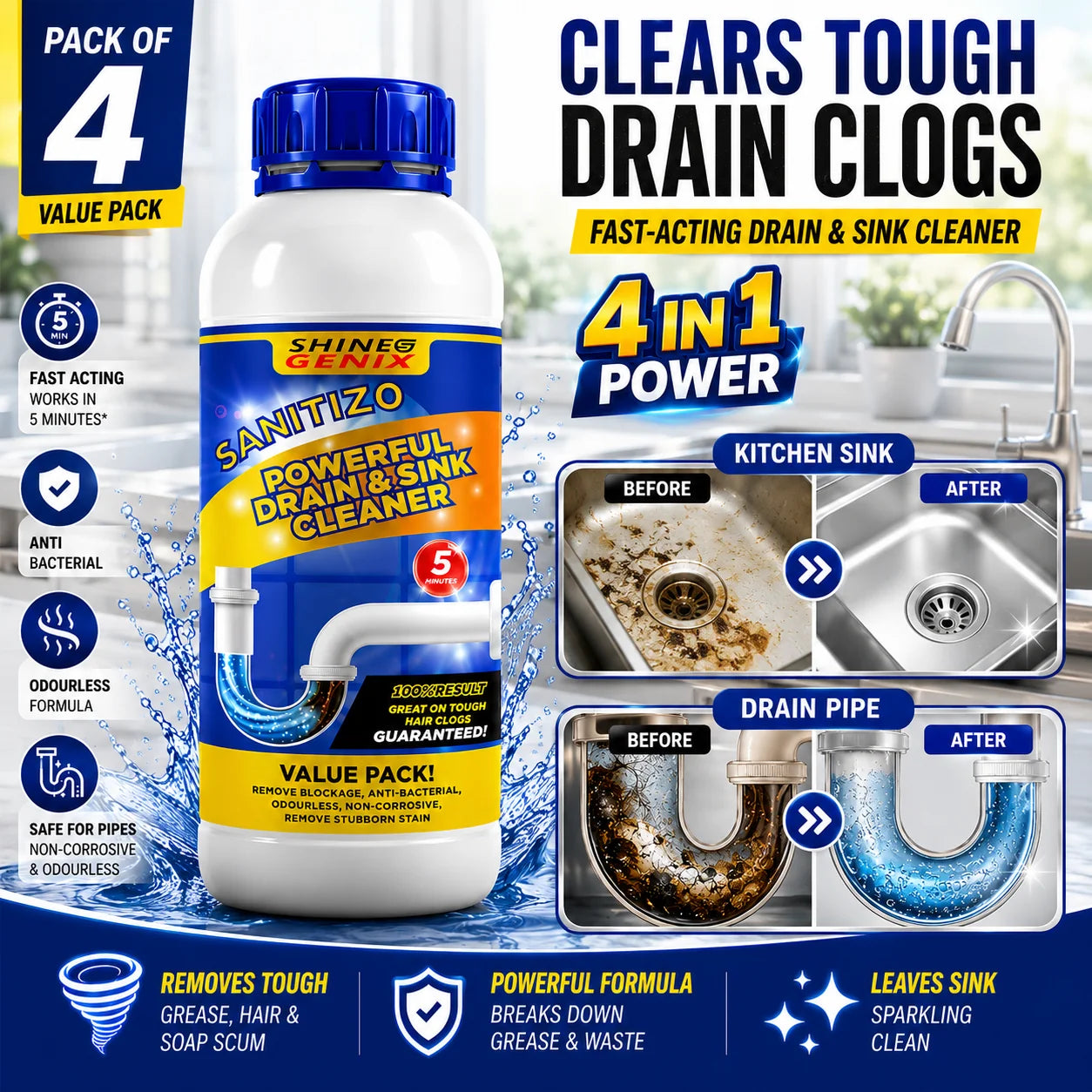 SANITIZO POWERFUL DRAIN & SINK CLEANER POWDER (PACK OF 4)